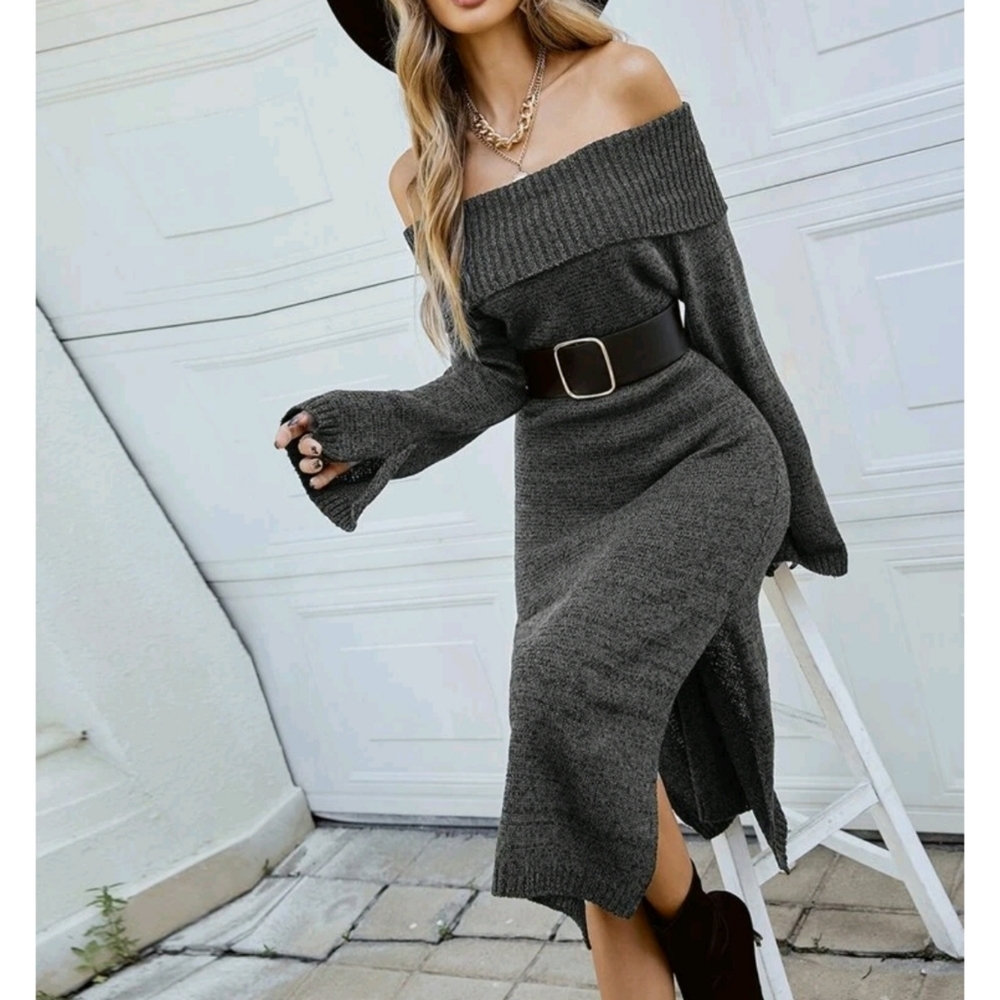 Elegant Off-Shoulder Gray Midi Dress